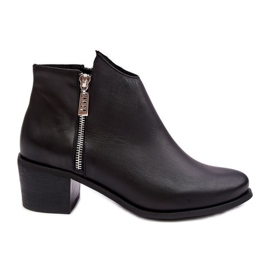 Botins femininos de couro com cano baixo e salto alto com zíper, Preto Annaja Botins femininos de couro com cano baixo e salto alto com zíper, Preto Annaja