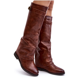 Botas femininas rasteiras com cano franzido, Marrom Tercella