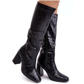 Botas femininas de salto alto com relevo decorativo, Vabaria preta preto