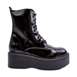 Botas femininas de couro envernizado com sola grossa Movana preta preto