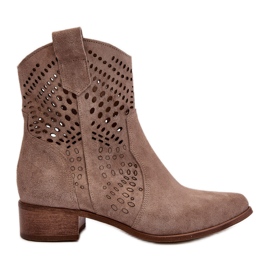 Zazoo 3305 Botas femininas de cowboy com salto baixo e camurça cappucino bege