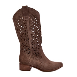Zazoo 3403 Botas femininas abertas com salto baixo, bege escuro