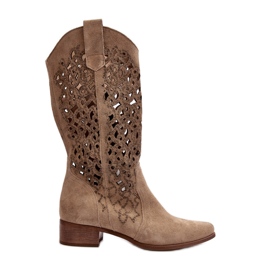 Zazoo 3403 Botas femininas abertas com salto baixo bege claro