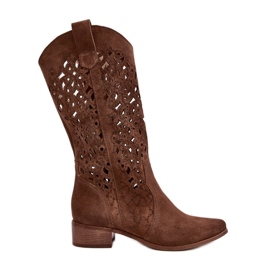 Botas femininas Zazoo 3403 marrons perfuradas com salto baixo marrom