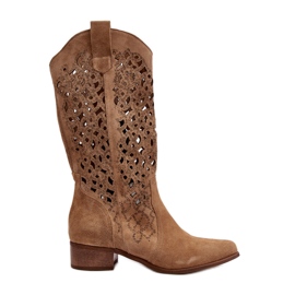 Zazoo 3403 Botas femininas abertas com salto baixo, bege
