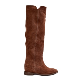 Zazoo 3407 Botas de camurça até o joelho com salto plano camelo castanho