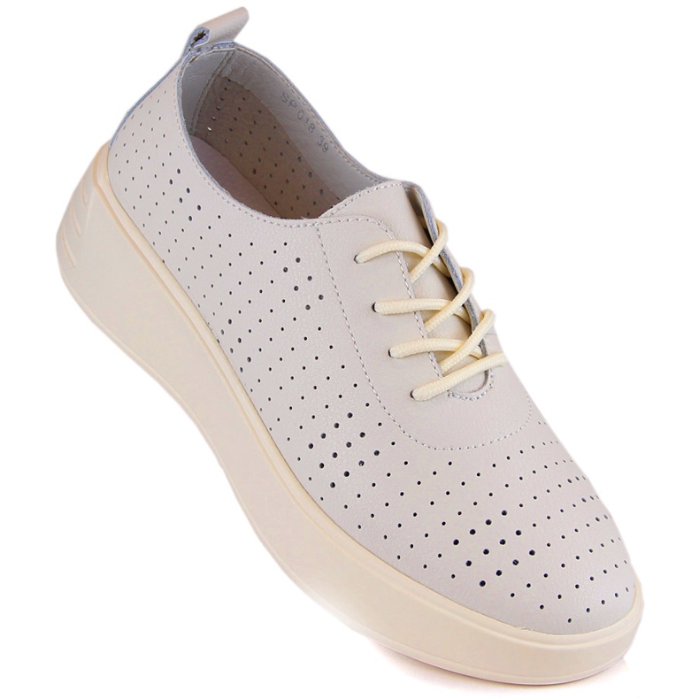 Sapatos femininos de couro com cordões vazados, bege, Sergio Leone SP018