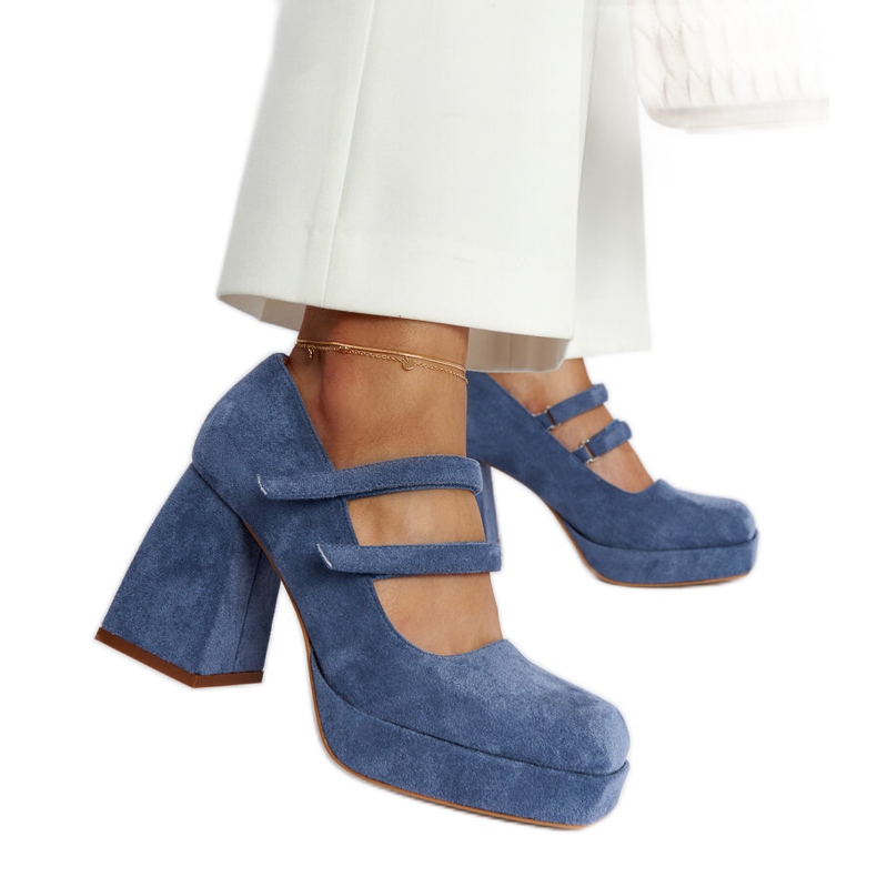 Sapatos azuis da Cher com salto bloco enorme azul