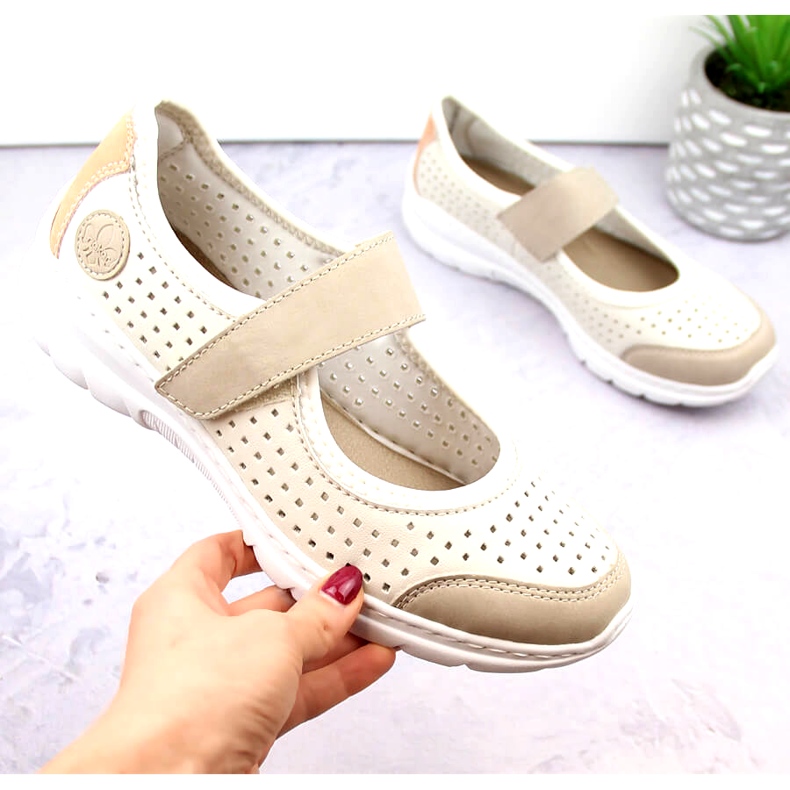 Sapatos femininos confortáveis ​​com aberturas e velcro, Rieker bege L32B5-81