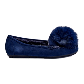 Mocassins azuis femininos com pêlo e pompom azul