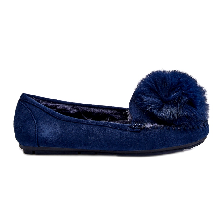 Mocassins azuis femininos com pêlo e pompom azul