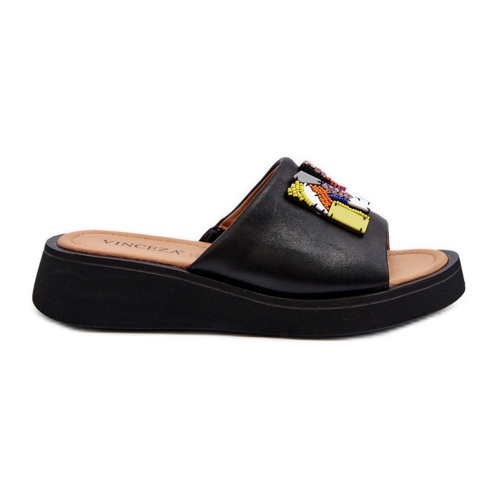 Vinceza Chinelos femininos de couro com decoração preta Asames preto