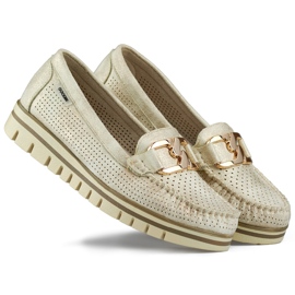 Mocassins femininos confortáveis ​​e elegantes com aberturas, sapatos dourados com aberturas bege