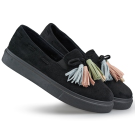 Sapatos femininos pretos com franjas coloridas, mocassins pretos com franjas