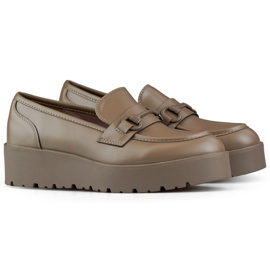 Sapatos femininos marrons com cunha baixa, sapatos femininos com plataforma marrom bege