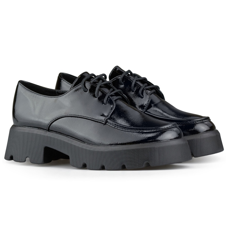 Sapatos pretos com cadarço envernizado, sapatos femininos com sola grossa