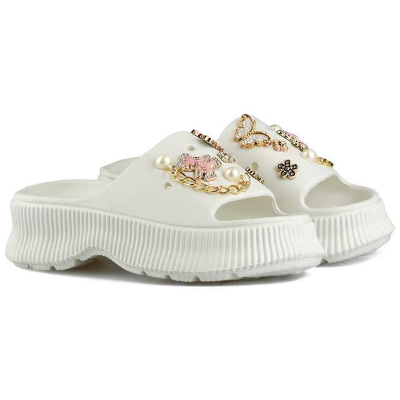 Chinelos femininos de borracha branca com enfeites branco