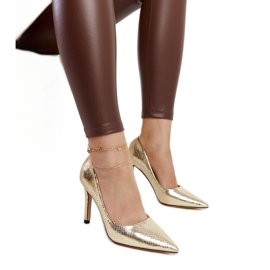 Sapatos de salto alto patenteados em ouro para vinhos dourado Sapatos de salto alto patenteados em ouro para vinhos dourado