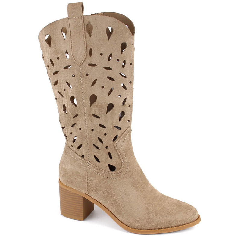 M. DASZYŃSKI Botas femininas de camurça com aberturas, bege escuro M.Daszyński MR2337-3