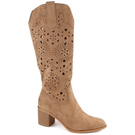 M. DASZYŃSKI Botas femininas de camurça com salto alto, bege M.Daszyński MR2337-7