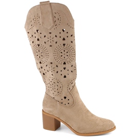 M. DASZYŃSKI Botas femininas de camurça com salto alto, bege M.Daszyński MR2337-7