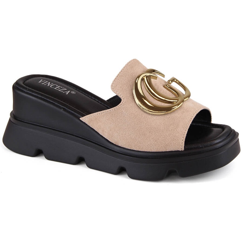 Chinelos femininos de camurça bege Vinceza 58295