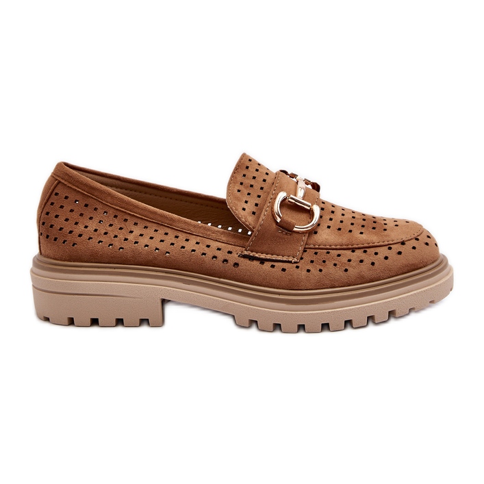 Mocassins femininos perfurados com decoração Camel Talesse castanho
