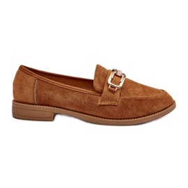 Mocassins femininos de camurça com salto plano Camel Misal marrom