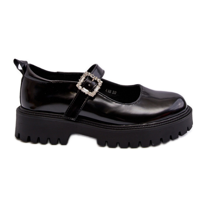 Sapatos femininos de couro envernizado com fivela decorativa, preto Lindnessa