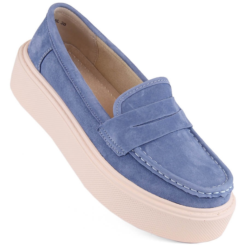 Sapatos de camurça de couro, mocassins femininos na plataforma, azul Filippo DP6152