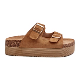 Chinelos femininos com plataforma Camel Lolpey e fivelas marrom