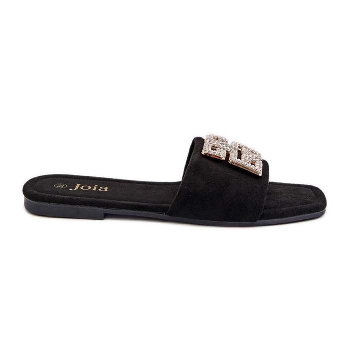 Chinelos femininos de salto baixo com decoração, preto Inaile