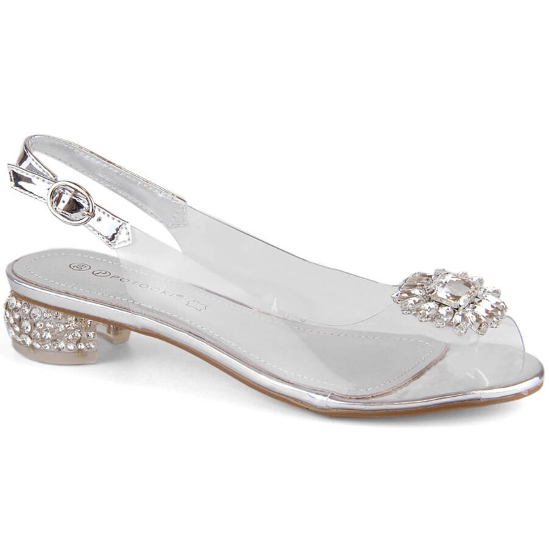 Sandálias femininas transparentes com zircões prateados Potocki WS43301 prata