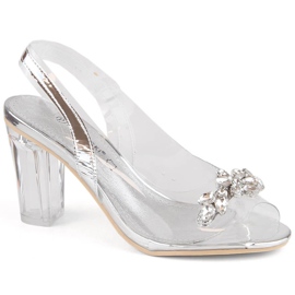 Sandálias femininas transparentes de salto alto com zircões prateados Potocki WS43305 prata