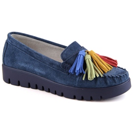 Sapatos de couro camurça, mocassins femininos com franjas, azul marinho Filippo DP3535