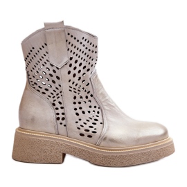 Zazoo 3470 Botins femininos de couro com salto plano, perfurados, ouro escovado dourado