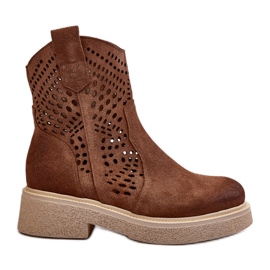 Zazoo 3470 Botas femininas de camurça com salto plano, marrom vazado