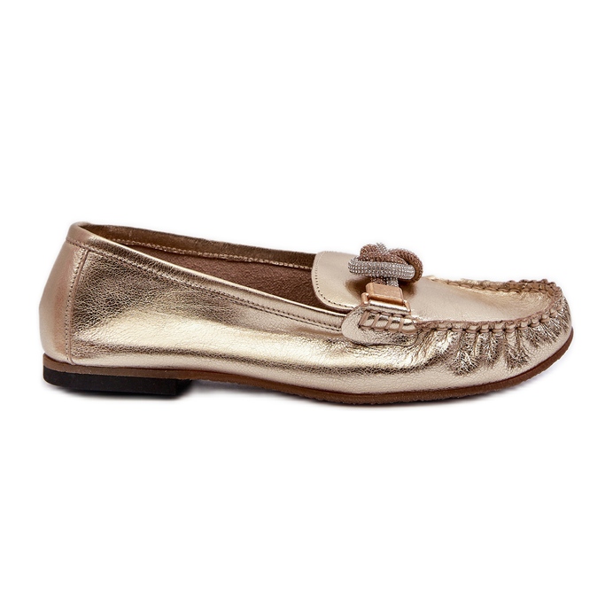 Mocassins femininos de couro com decoração Laura Messi 2761 ouro dourado