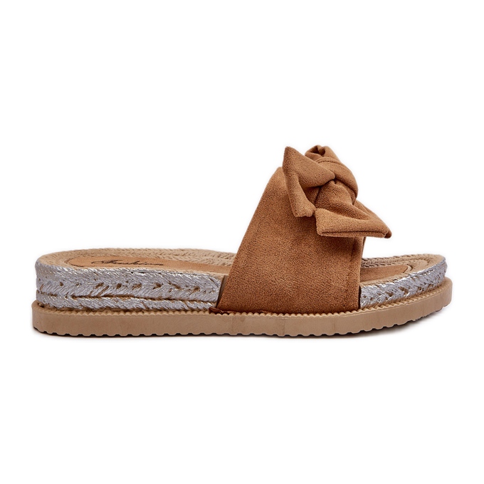 Chinelos femininos Camel Aflia plataforma com laço castanho