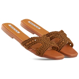 Chinelos femininos de renda marrom com sola plana castanho