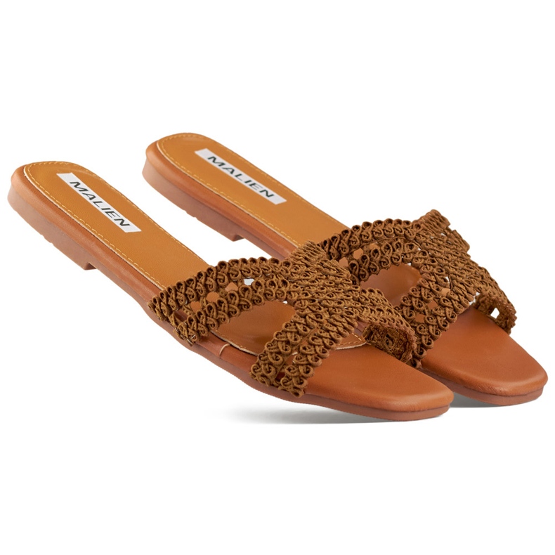 Chinelos femininos de renda marrom com sola plana castanho Chinelos femininos de renda marrom com sola plana castanho