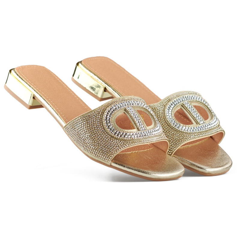 Chinelos femininos elegantes de lantejoulas douradas de salto baixo dourado