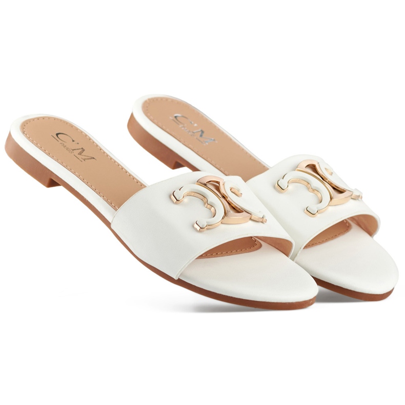 Chinelos femininos elegantes brancos com decoração