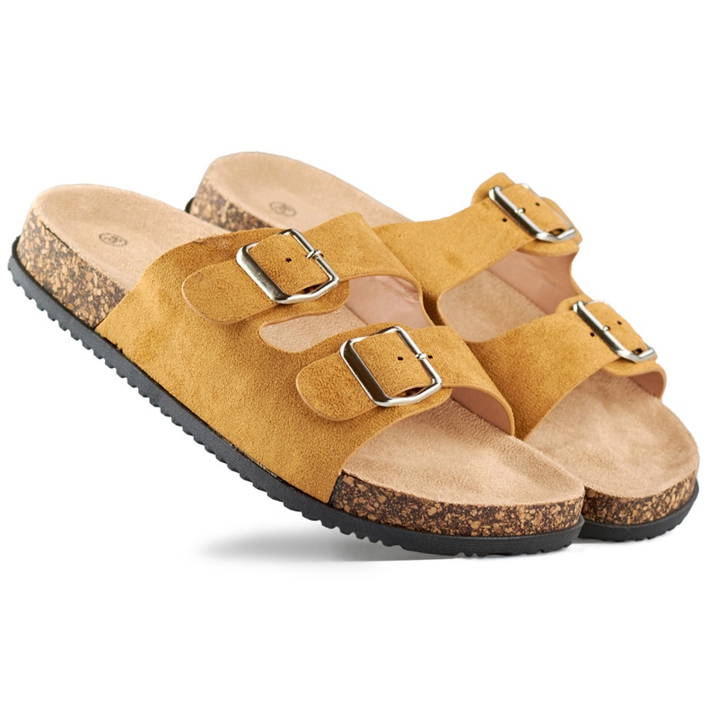 Chinelos femininos caramelo com duas fivelas castanho Chinelos femininos caramelo com duas fivelas castanho