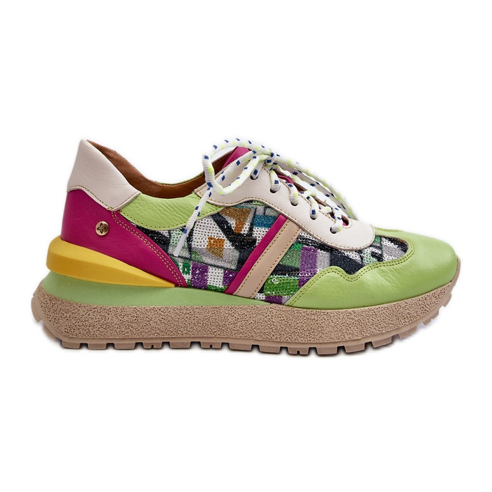 Tênis feminino de couro na plataforma Maciejka 06322-09 Verde-Rosa