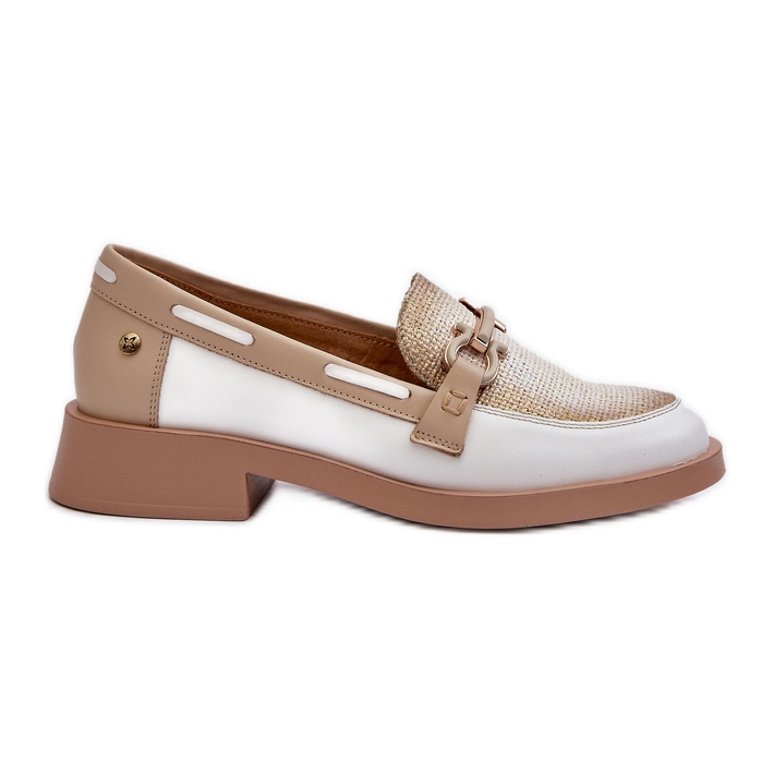 Sapatos femininos mocassins de couro Maciejka 06493-11 Branco e Bege