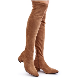 Botas femininas acima do joelho com salto baixo Camel Maidna marrom