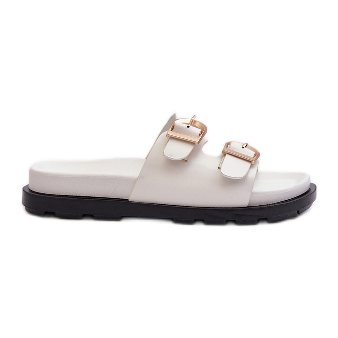 Chinelos femininos de couro ecológico com fivelas, Valmira branco