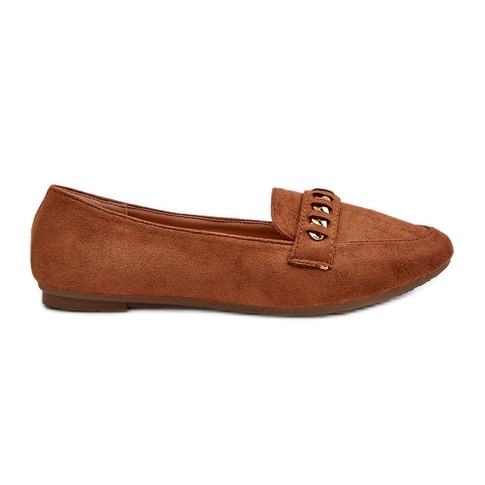 Mocassins femininos brilhantes com corrente Camel Aredilla castanho