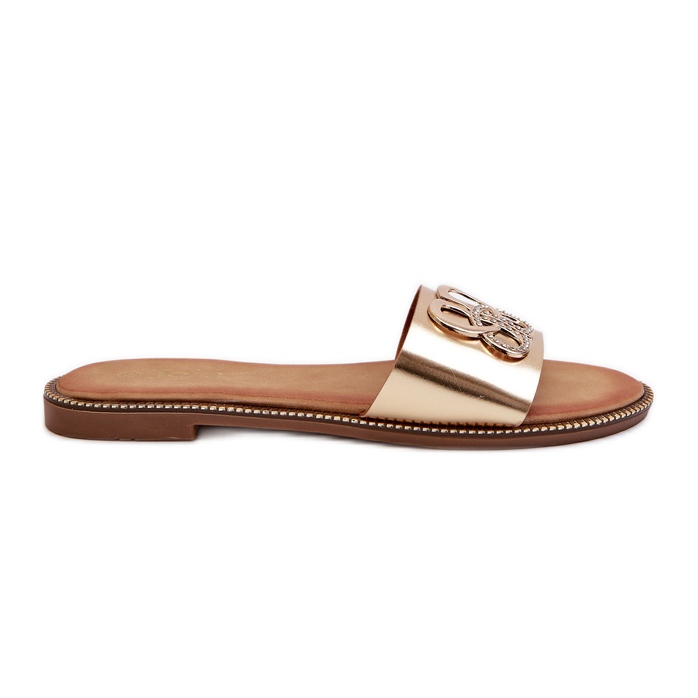 Chinelos femininos com decoração em couro ecológico e salto plano, Gold Sadria dourado